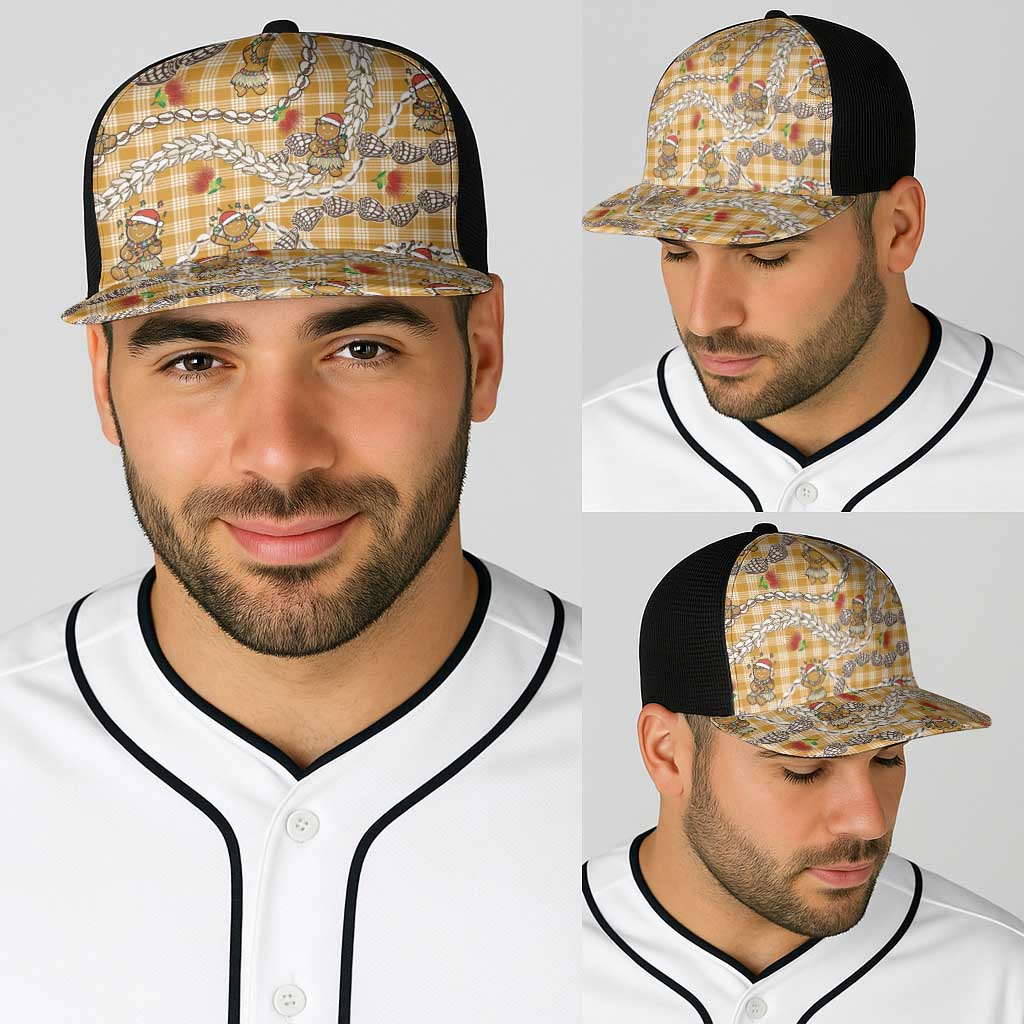 Gold Palaka Hawaii Mele Kalikimaka Baseball Net Cap Ohia Lehua Shell Leis Funny Gingerbread Santa - Polynesian Pride