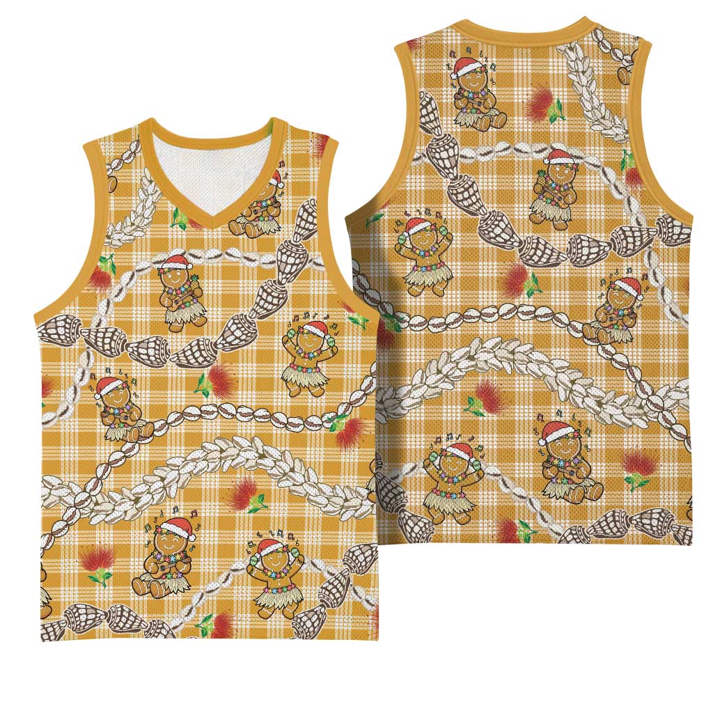 Gold Palaka Hawaii Mele Kalikimaka Basketball Jersey Ohia Lehua Shell Leis Funny Gingerbread Santa - Polynesian Pride