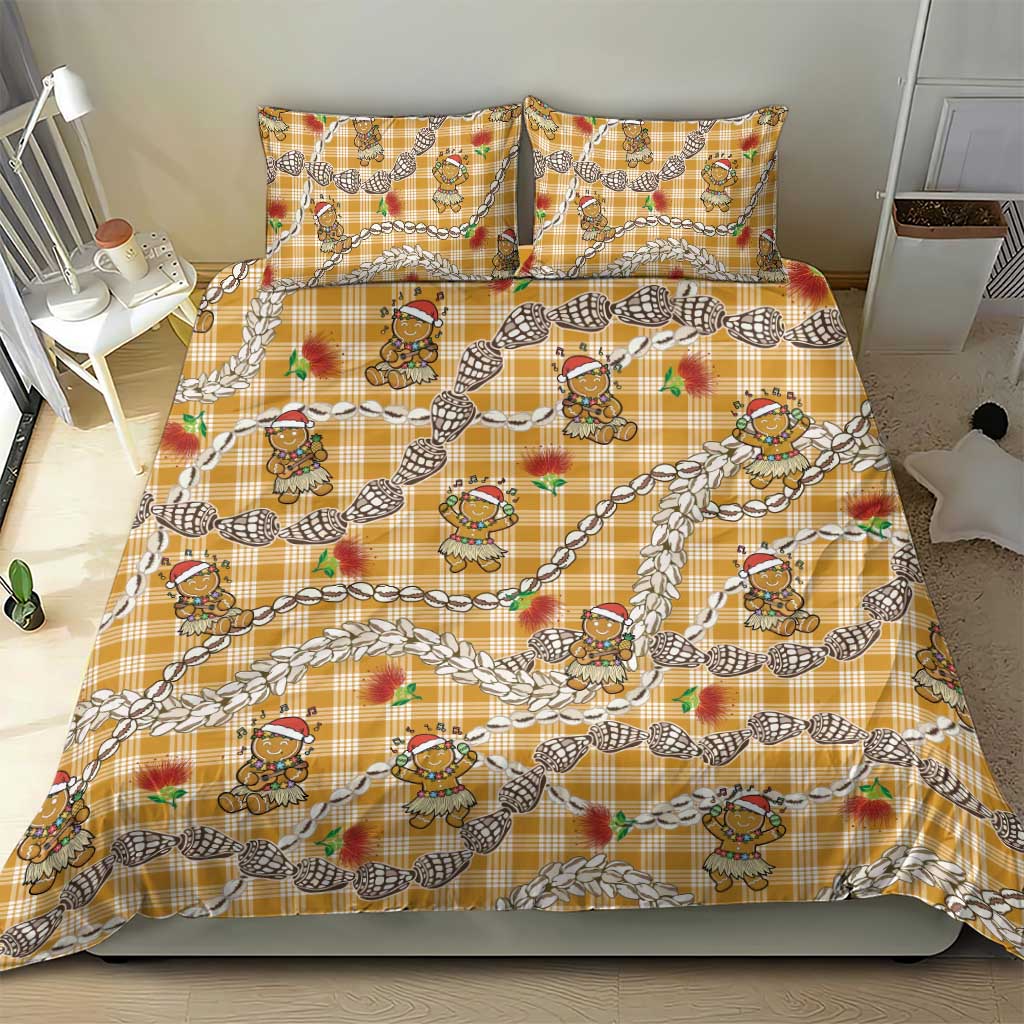 Gold Palaka Hawaii Mele Kalikimaka Bedding Set Ohia Lehua Shell Leis Funny Gingerbread Santa - Polynesian Pride