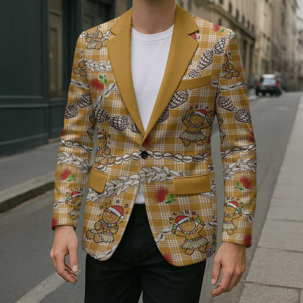 Gold Palaka Hawaii Mele Kalikimaka Blazer Ohia Lehua Shell Leis Funny Gingerbread Santa - Polynesian Pride