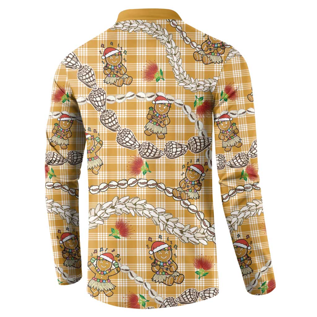 Gold Palaka Hawaii Mele Kalikimaka Button Sweatshirt Ohia Lehua Shell Leis Funny Gingerbread Santa - Polynesian Pride