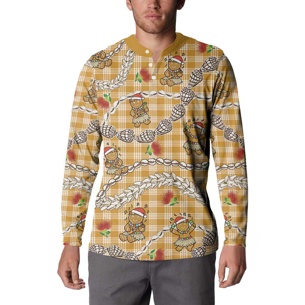Gold Palaka Hawaii Mele Kalikimaka Button Sweatshirt Ohia Lehua Shell Leis Funny Gingerbread Santa - Polynesian Pride