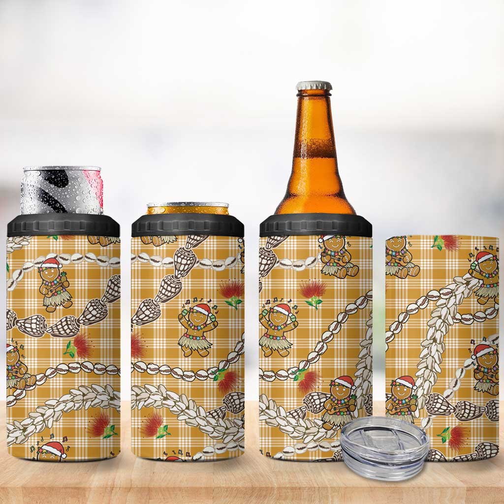 Gold Palaka Hawaii Mele Kalikimaka 4 in 1 Can Cooler Tumbler Ohia Lehua Shell Leis Funny Gingerbread Santa - Polynesian Pride