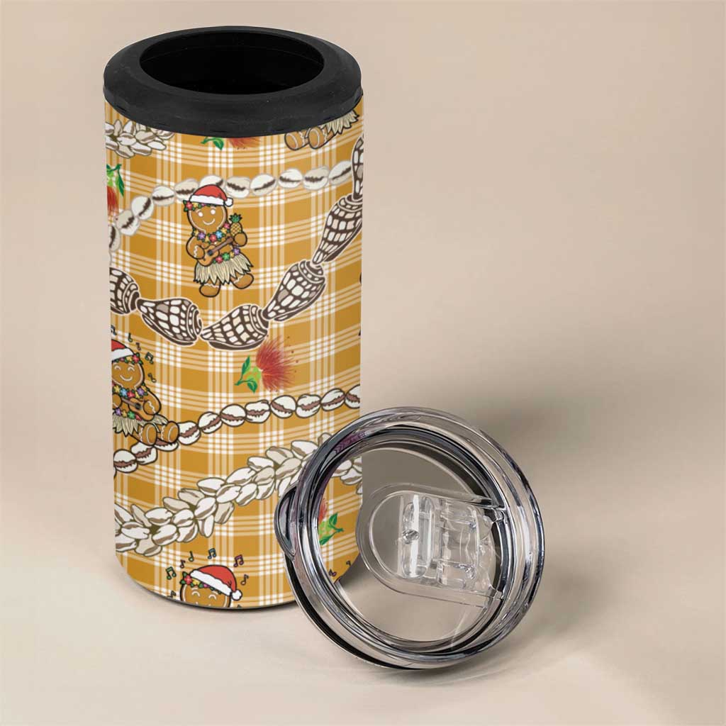 Gold Palaka Hawaii Mele Kalikimaka 4 in 1 Can Cooler Tumbler Ohia Lehua Shell Leis Funny Gingerbread Santa - Polynesian Pride