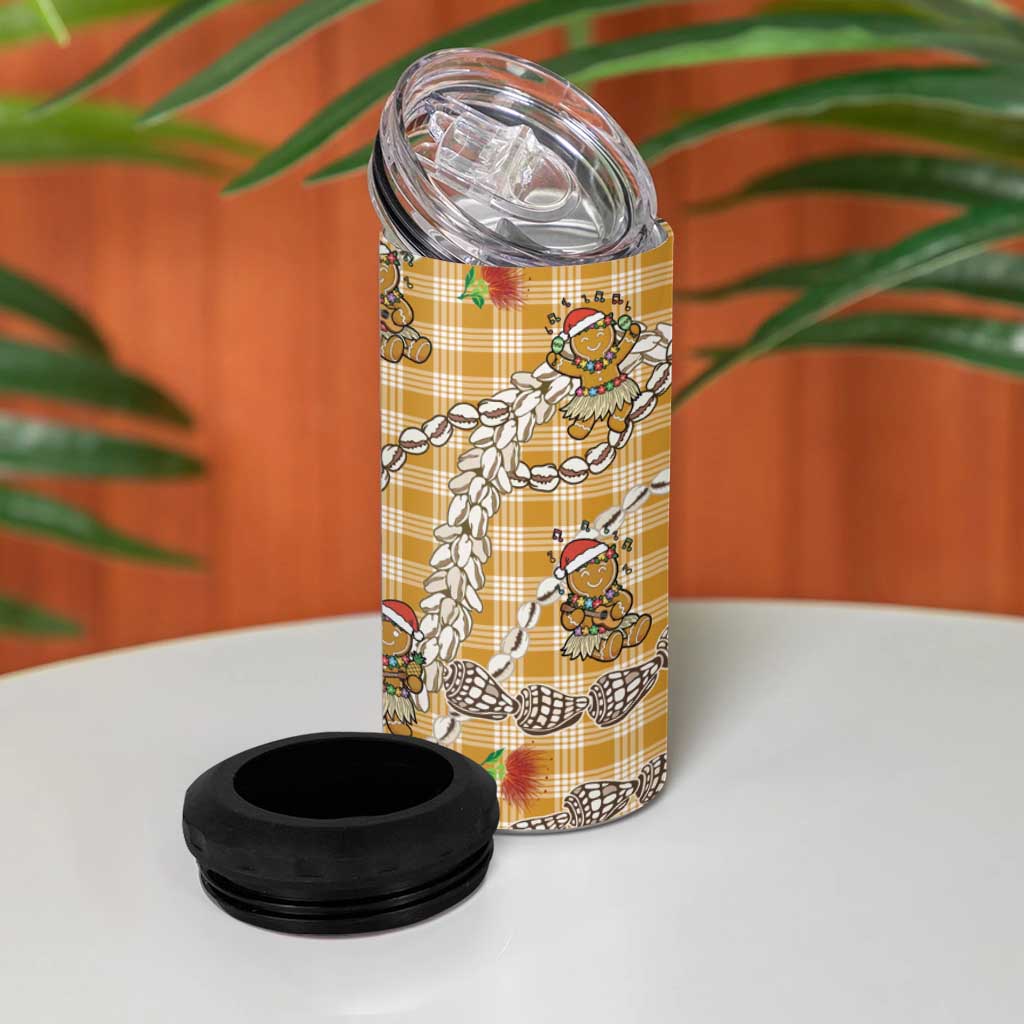 Gold Palaka Hawaii Mele Kalikimaka 4 in 1 Can Cooler Tumbler Ohia Lehua Shell Leis Funny Gingerbread Santa - Polynesian Pride