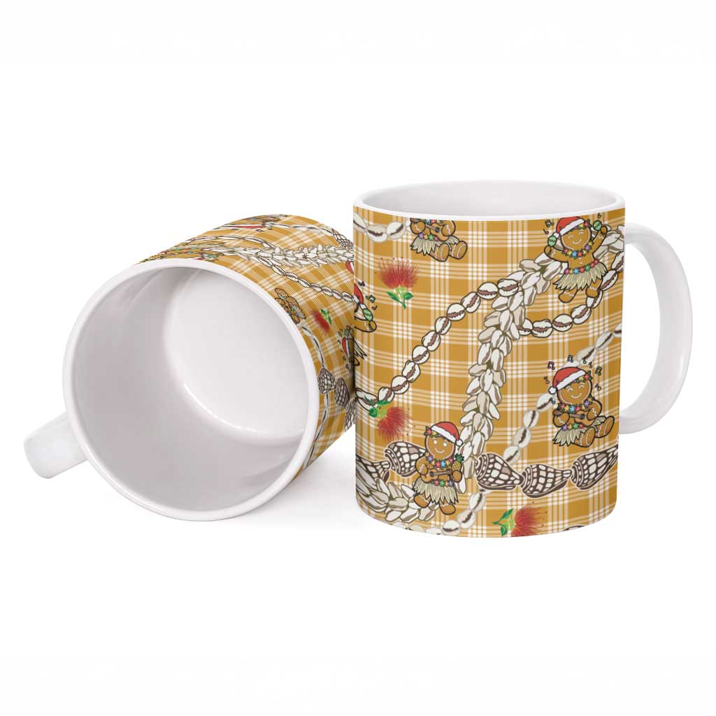 Gold Palaka Hawaii Mele Kalikimaka Ceramic Mug Ohia Lehua Shell Leis Funny Gingerbread Santa - Polynesian Pride