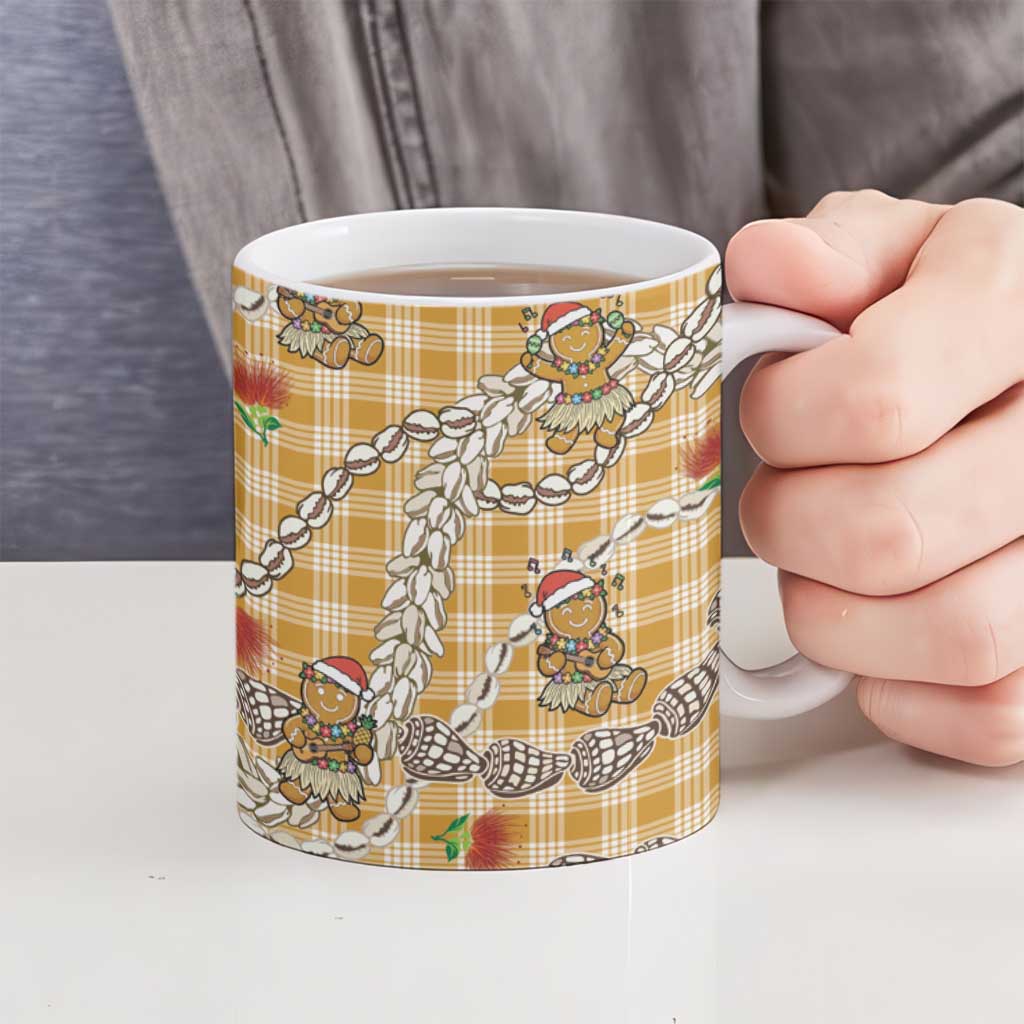 Gold Palaka Hawaii Mele Kalikimaka Ceramic Mug Ohia Lehua Shell Leis Funny Gingerbread Santa - Polynesian Pride