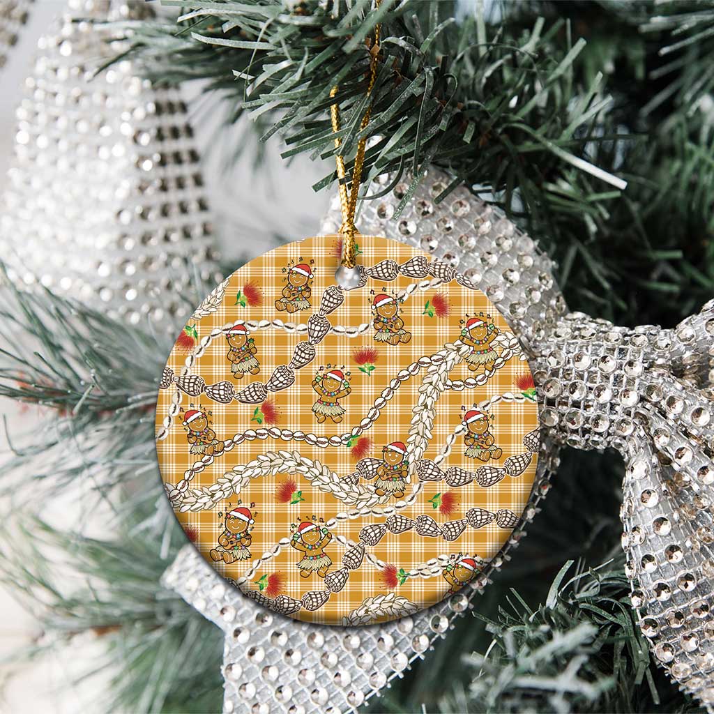 Gold Palaka Hawaii Mele Kalikimaka Ceramic Ornament Ohia Lehua Shell Leis Funny Gingerbread Santa - Polynesian Pride