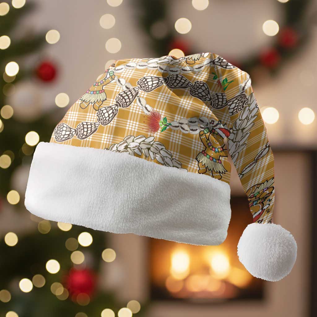 Gold Palaka Hawaii Mele Kalikimaka Christmas Santa Hat Ohia Lehua Shell Leis Funny Gingerbread Santa - Polynesian Pride