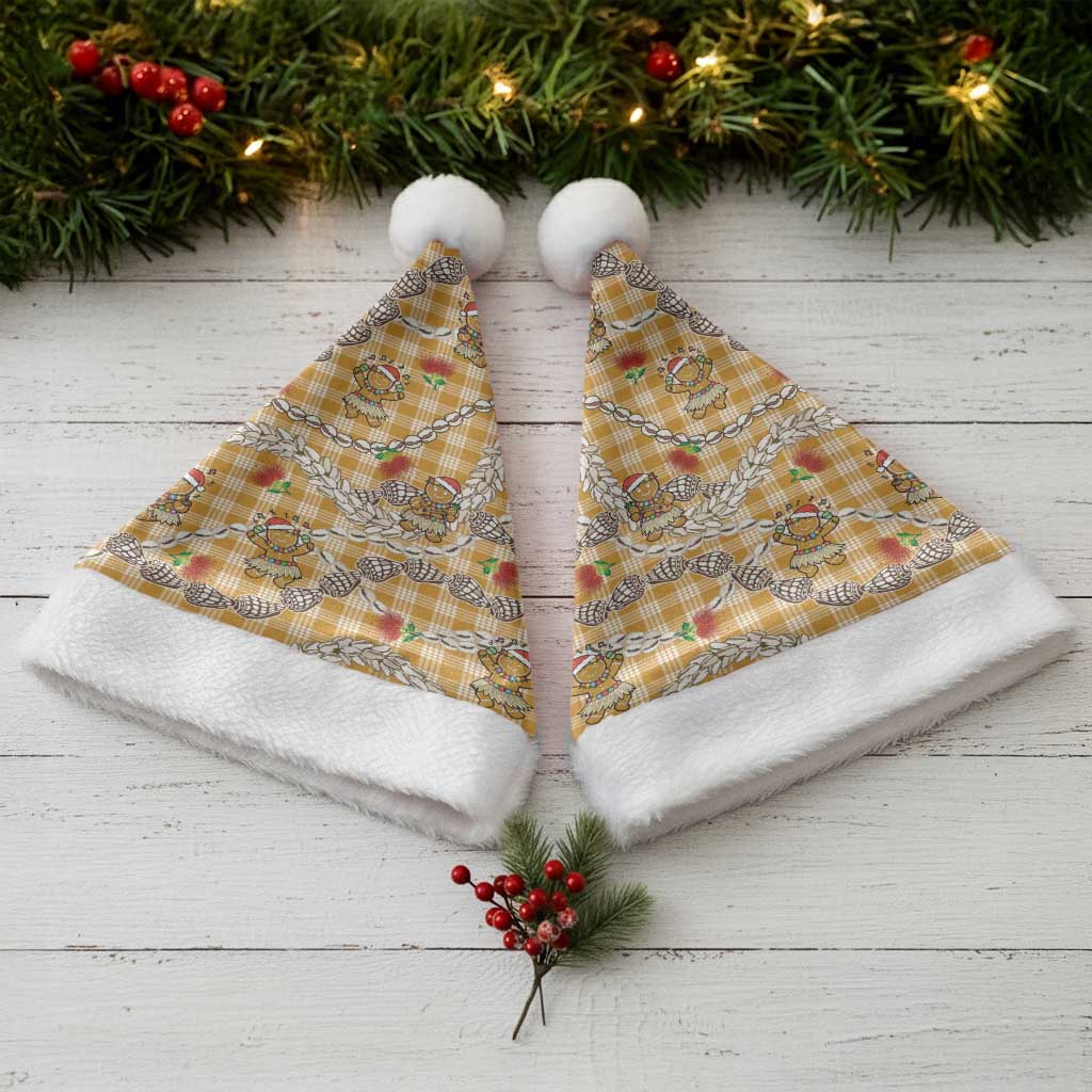 Gold Palaka Hawaii Mele Kalikimaka Christmas Santa Hat Ohia Lehua Shell Leis Funny Gingerbread Santa - Polynesian Pride