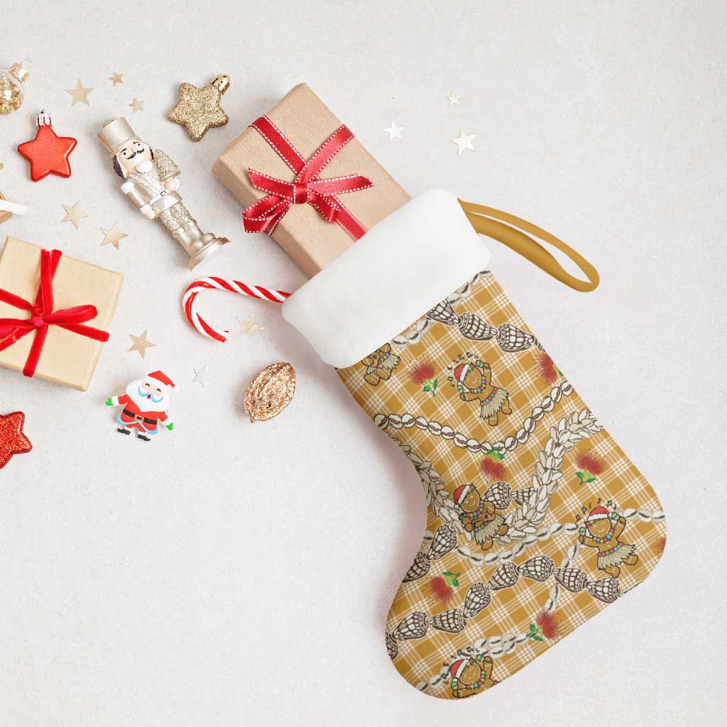Gold Palaka Hawaii Mele Kalikimaka Christmas Stocking Ohia Lehua Shell Leis Funny Gingerbread Santa - Polynesian Pride