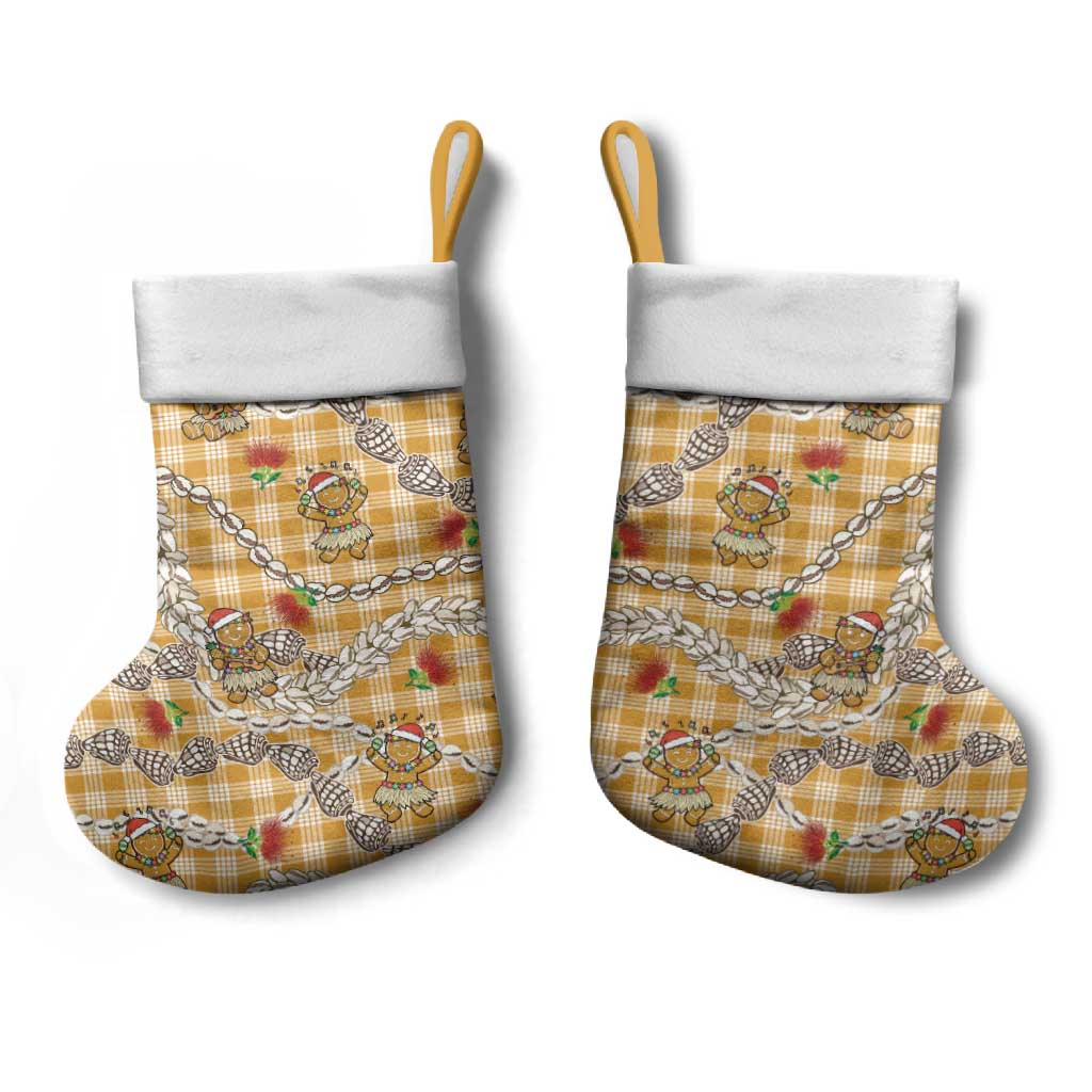 Gold Palaka Hawaii Mele Kalikimaka Christmas Stocking Ohia Lehua Shell Leis Funny Gingerbread Santa - Polynesian Pride