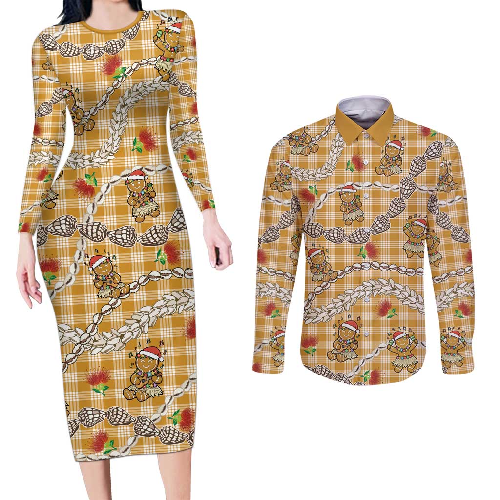 Gold Palaka Hawaii Mele Kalikimaka Couples Matching Long Sleeve Bodycon Dress and Long Sleeve Button Shirt Ohia Lehua Shell Leis Funny Gingerbread Santa LT14 Gold - Polynesian Pride