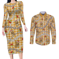 Gold Palaka Hawaii Mele Kalikimaka Couples Matching Long Sleeve Bodycon Dress and Long Sleeve Button Shirt Ohia Lehua Shell Leis Funny Gingerbread Santa LT14 Gold - Polynesian Pride