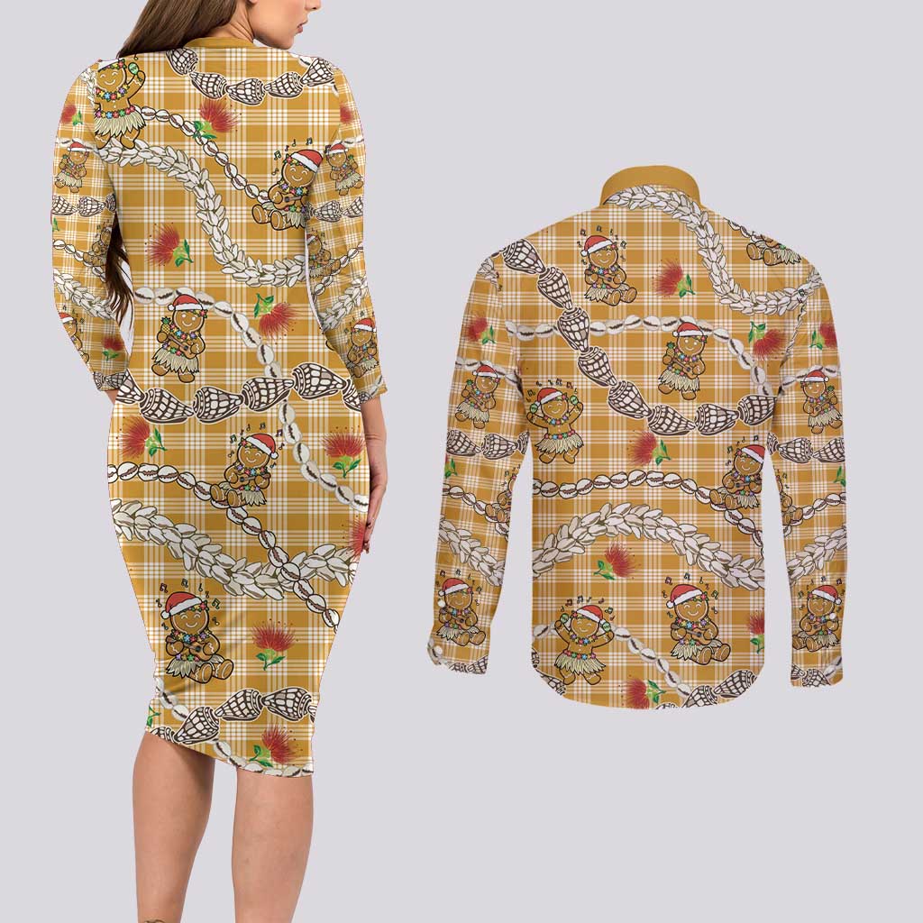 Gold Palaka Hawaii Mele Kalikimaka Couples Matching Long Sleeve Bodycon Dress and Long Sleeve Button Shirt Ohia Lehua Shell Leis Funny Gingerbread Santa LT14 - Polynesian Pride
