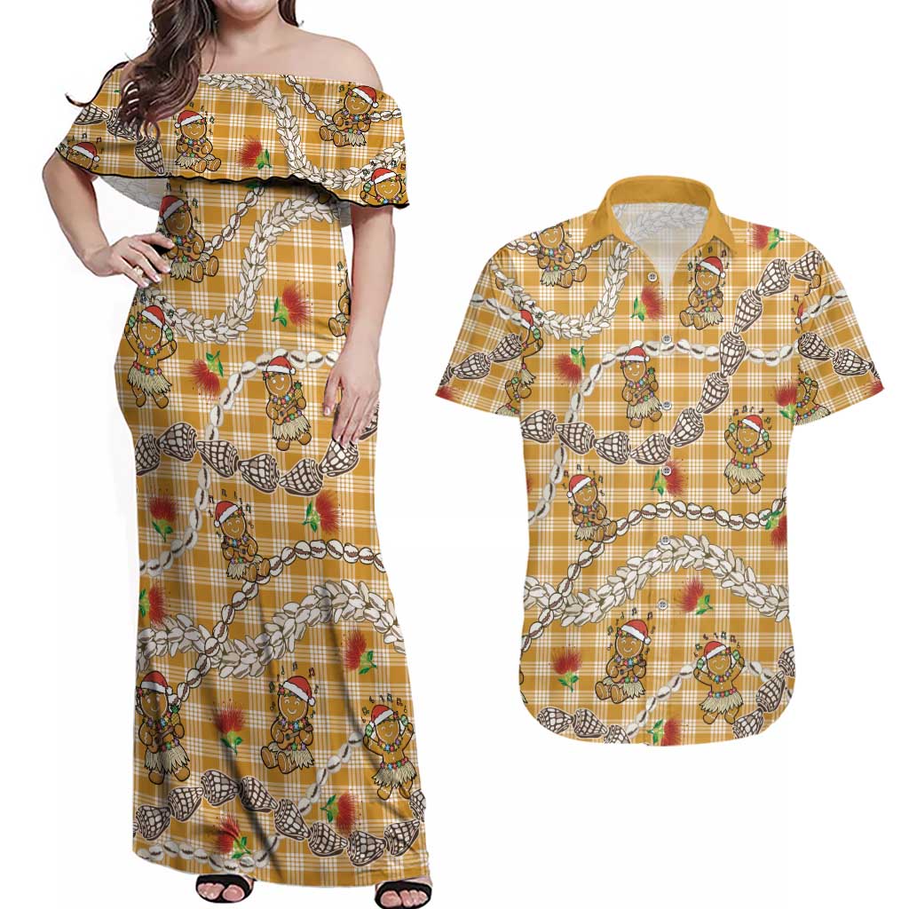 Gold Palaka Hawaii Mele Kalikimaka Couples Matching Off Shoulder Maxi Dress and Hawaiian Shirt Ohia Lehua Shell Leis Funny Gingerbread Santa - Polynesian Pride