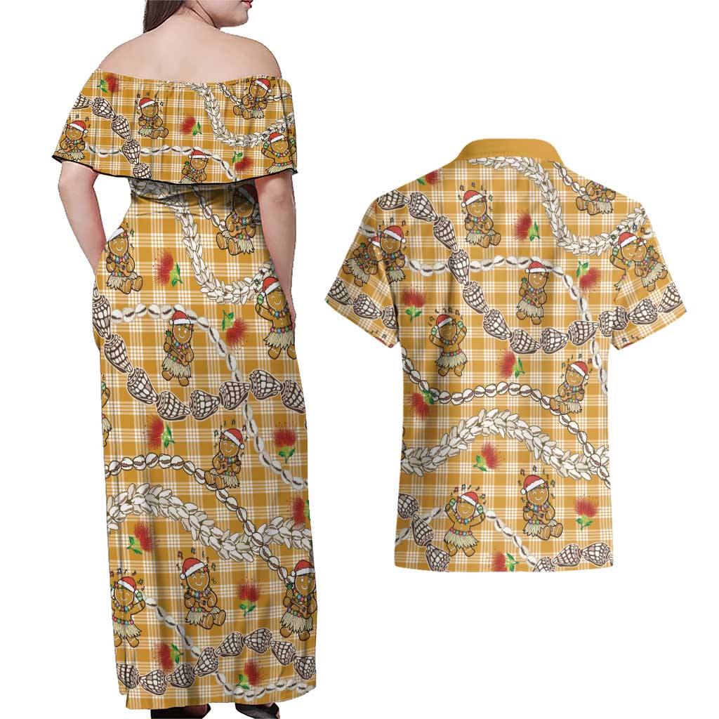 Gold Palaka Hawaii Mele Kalikimaka Couples Matching Off Shoulder Maxi Dress and Hawaiian Shirt Ohia Lehua Shell Leis Funny Gingerbread Santa LT14 - Polynesian Pride
