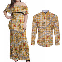 Gold Palaka Hawaii Mele Kalikimaka Couples Matching Off Shoulder Maxi Dress and Long Sleeve Button Shirt Ohia Lehua Shell Leis Funny Gingerbread Santa LT14 Gold - Polynesian Pride