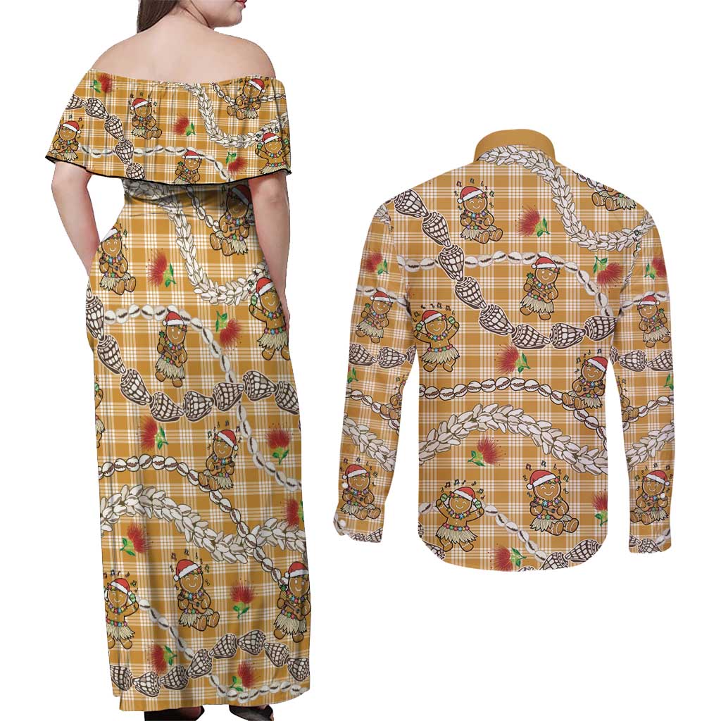 Gold Palaka Hawaii Mele Kalikimaka Couples Matching Off Shoulder Maxi Dress and Long Sleeve Button Shirt Ohia Lehua Shell Leis Funny Gingerbread Santa LT14 - Polynesian Pride