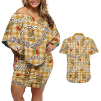 Gold Palaka Hawaii Mele Kalikimaka Couples Matching Off Shoulder Short Dress and Hawaiian Shirt Ohia Lehua Shell Leis Funny Gingerbread Santa LT14 Gold - Polynesian Pride