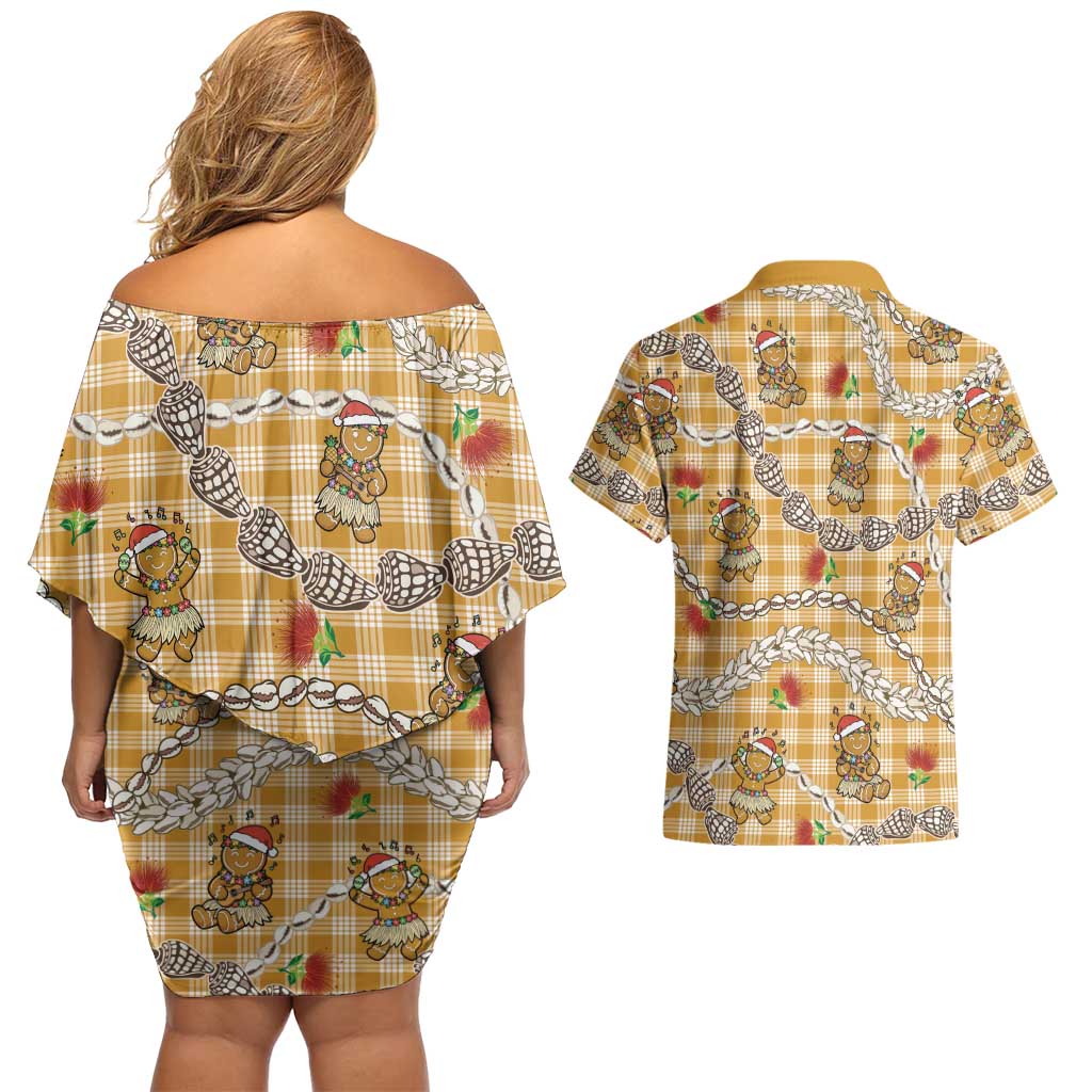 Gold Palaka Hawaii Mele Kalikimaka Couples Matching Off Shoulder Short Dress and Hawaiian Shirt Ohia Lehua Shell Leis Funny Gingerbread Santa LT14 - Polynesian Pride