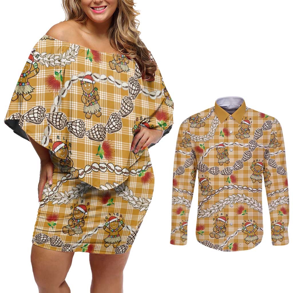 Gold Palaka Hawaii Mele Kalikimaka Couples Matching Off Shoulder Short Dress and Long Sleeve Button Shirt Ohia Lehua Shell Leis Funny Gingerbread Santa - Polynesian Pride