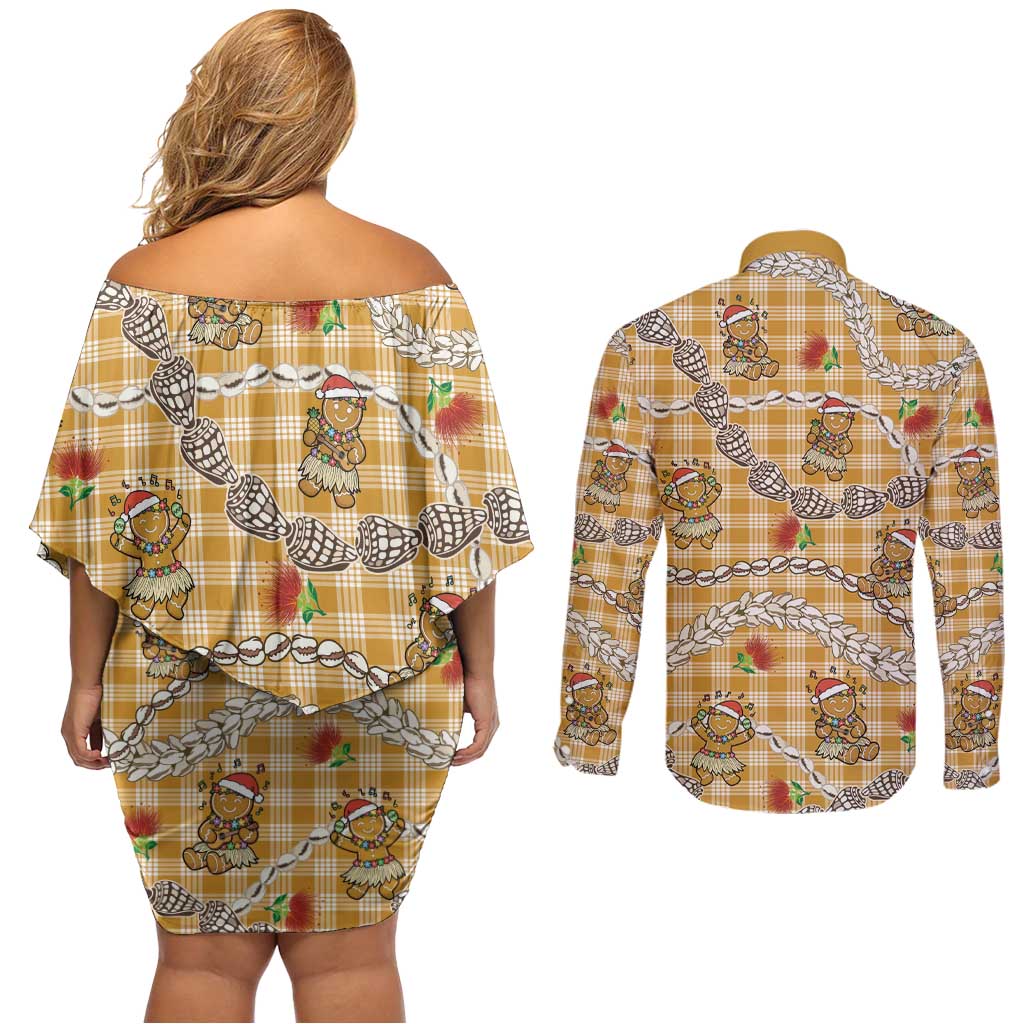Gold Palaka Hawaii Mele Kalikimaka Couples Matching Off Shoulder Short Dress and Long Sleeve Button Shirt Ohia Lehua Shell Leis Funny Gingerbread Santa LT14 - Polynesian Pride