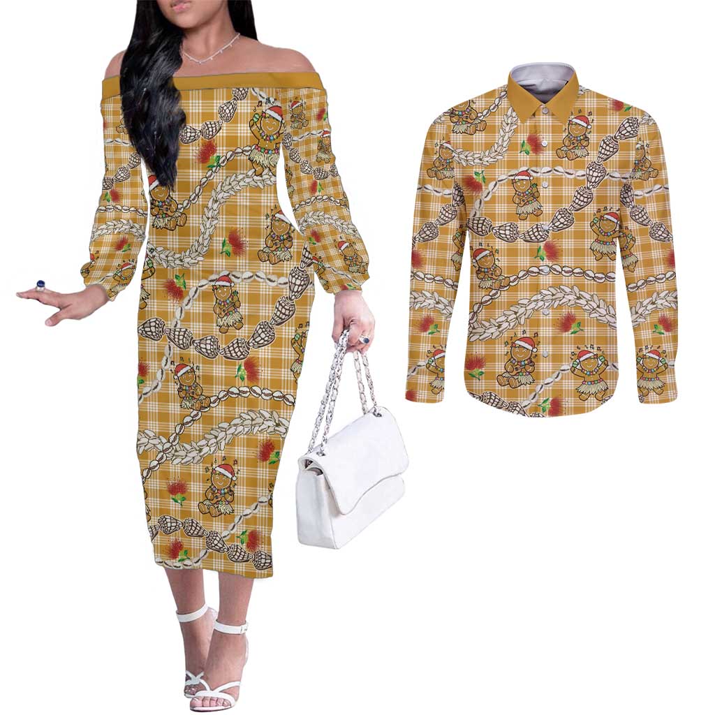 Gold Palaka Hawaii Mele Kalikimaka Couples Matching Off The Shoulder Long Sleeve Dress and Long Sleeve Button Shirt Ohia Lehua Shell Leis Funny Gingerbread Santa LT14 Gold - Polynesian Pride