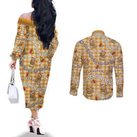 Gold Palaka Hawaii Mele Kalikimaka Couples Matching Off The Shoulder Long Sleeve Dress and Long Sleeve Button Shirt Ohia Lehua Shell Leis Funny Gingerbread Santa LT14 - Polynesian Pride