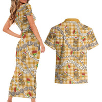 Gold Palaka Hawaii Mele Kalikimaka Couples Matching Short Sleeve Bodycon Dress and Hawaiian Shirt Ohia Lehua Shell Leis Funny Gingerbread Santa LT14 - Polynesian Pride