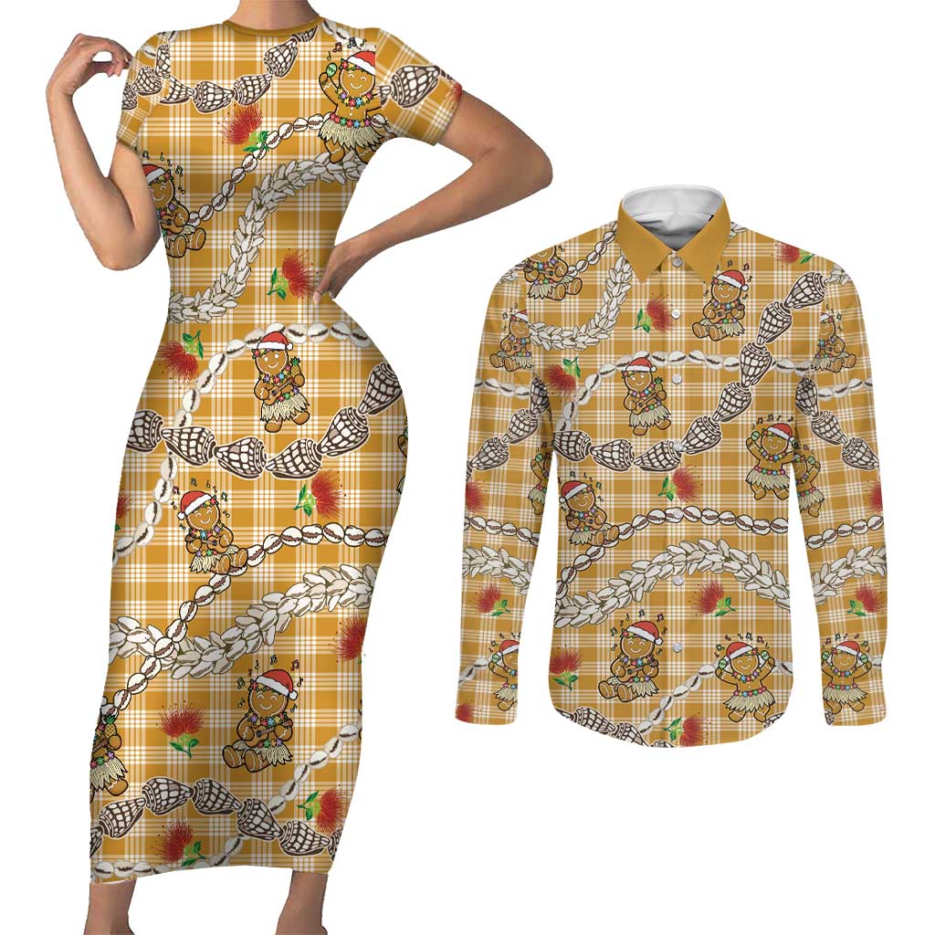Gold Palaka Hawaii Mele Kalikimaka Couples Matching Short Sleeve Bodycon Dress and Long Sleeve Button Shirt Ohia Lehua Shell Leis Funny Gingerbread Santa - Polynesian Pride