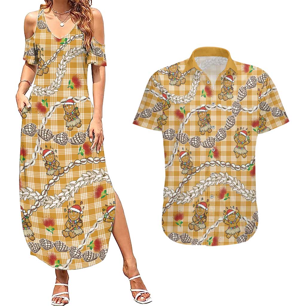 Gold Palaka Hawaii Mele Kalikimaka Couples Matching Summer Maxi Dress and Hawaiian Shirt Ohia Lehua Shell Leis Funny Gingerbread Santa LT14 Gold - Polynesian Pride