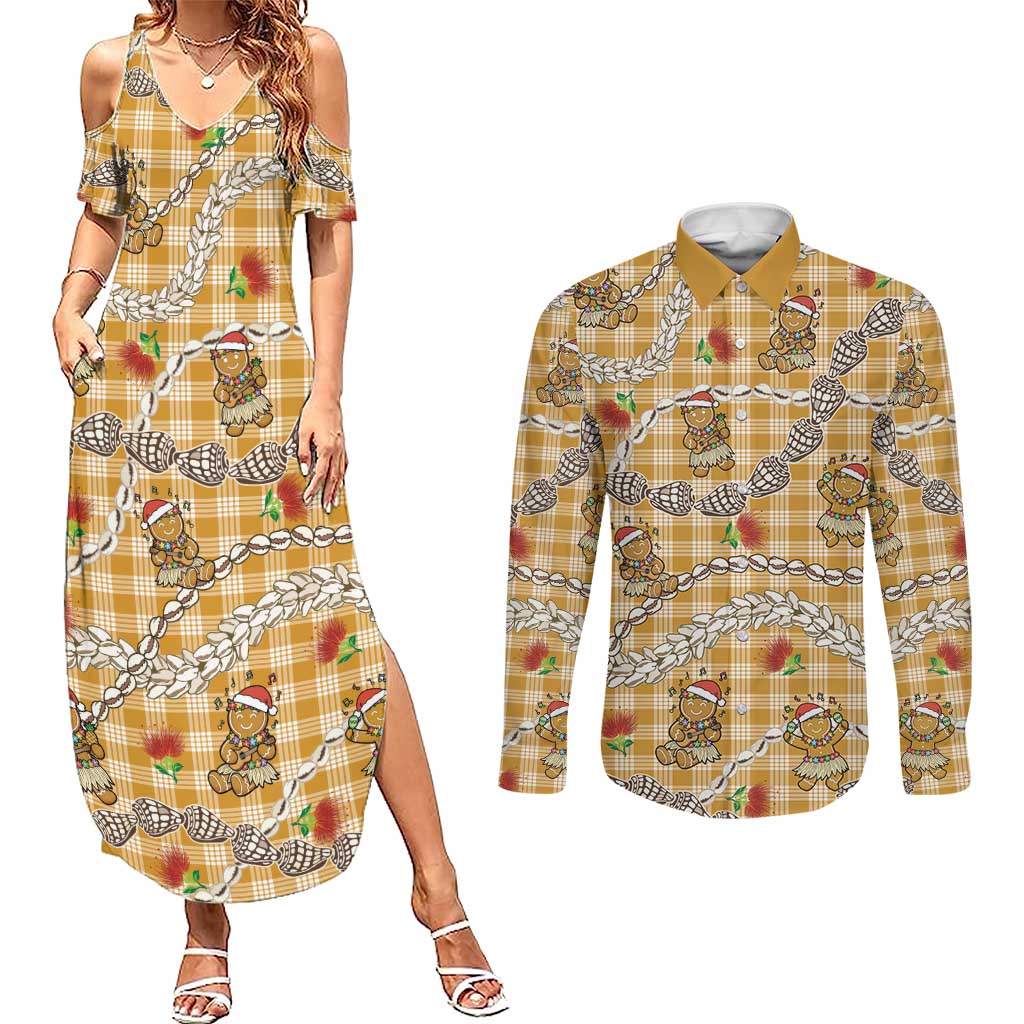 Gold Palaka Hawaii Mele Kalikimaka Couples Matching Summer Maxi Dress and Long Sleeve Button Shirt Ohia Lehua Shell Leis Funny Gingerbread Santa LT14 Gold - Polynesian Pride