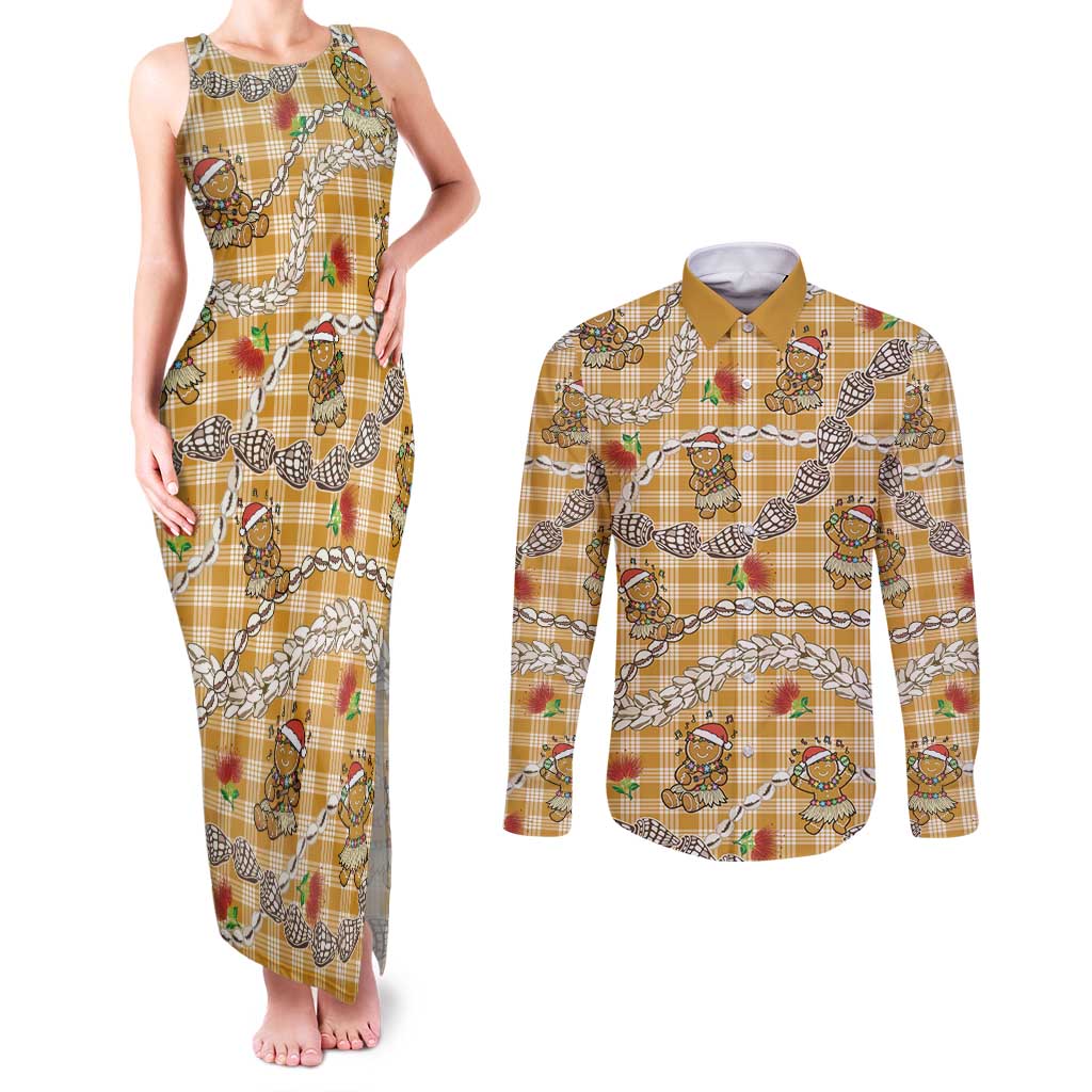 Gold Palaka Hawaii Mele Kalikimaka Couples Matching Tank Maxi Dress and Long Sleeve Button Shirt Ohia Lehua Shell Leis Funny Gingerbread Santa LT14 Gold - Polynesian Pride
