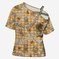 Gold Palaka Hawaii Mele Kalikimaka Cross Shoulder Shirt Ohia Lehua Shell Leis Funny Gingerbread Santa - Polynesian Pride
