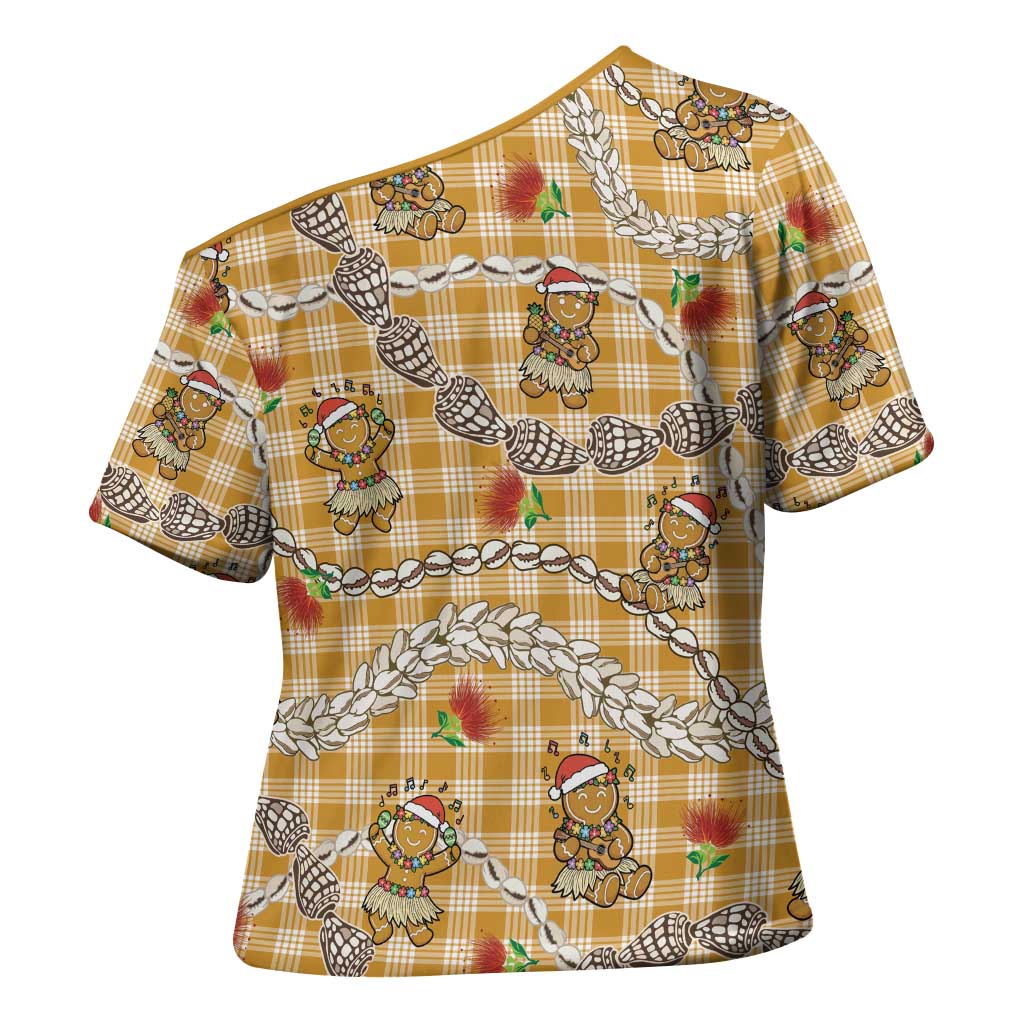 Gold Palaka Hawaii Mele Kalikimaka Cross Shoulder Shirt Ohia Lehua Shell Leis Funny Gingerbread Santa - Polynesian Pride