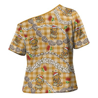 Gold Palaka Hawaii Mele Kalikimaka Cross Shoulder Shirt Ohia Lehua Shell Leis Funny Gingerbread Santa - Polynesian Pride
