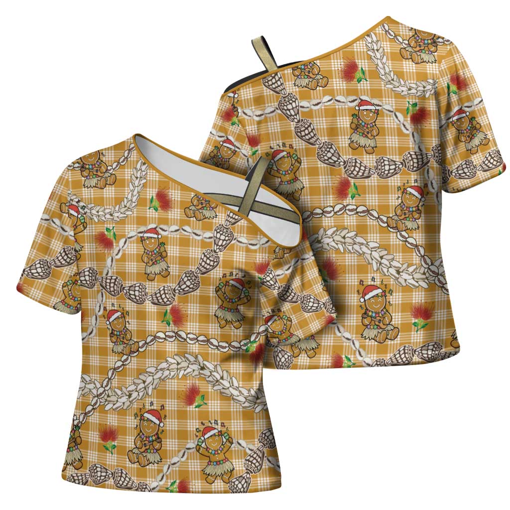 Gold Palaka Hawaii Mele Kalikimaka Cross Shoulder Shirt Ohia Lehua Shell Leis Funny Gingerbread Santa - Polynesian Pride