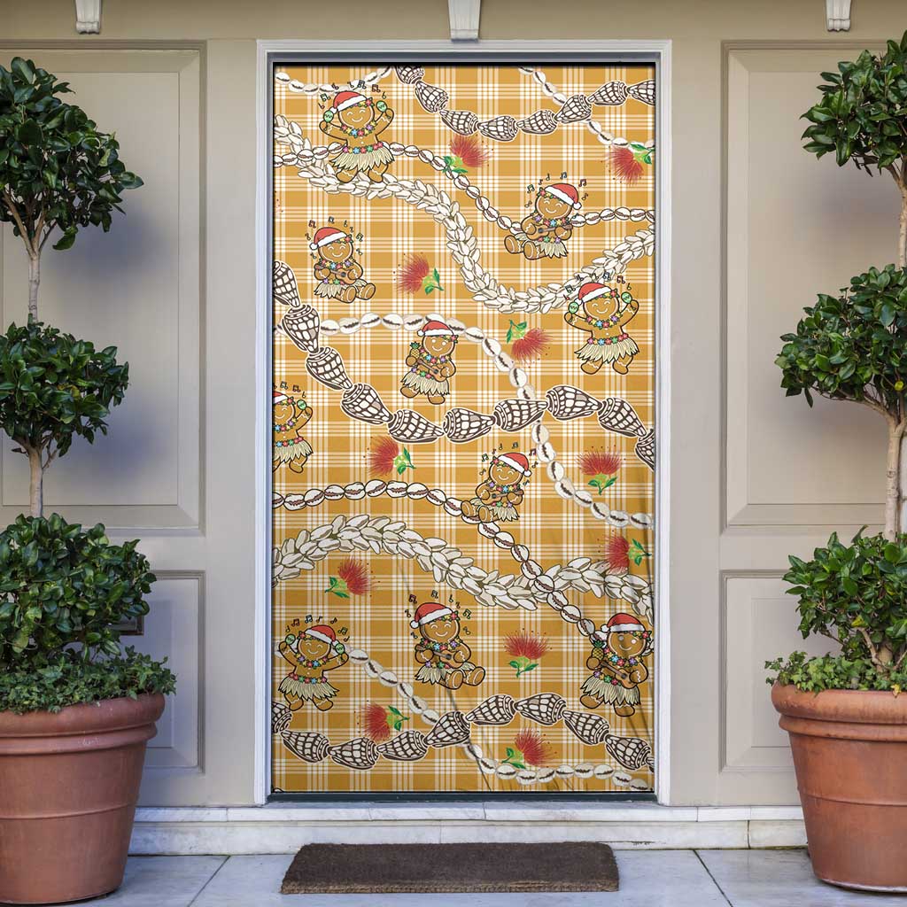 Gold Palaka Hawaii Mele Kalikimaka Door Cover Ohia Lehua Shell Leis Funny Gingerbread Santa - Polynesian Pride