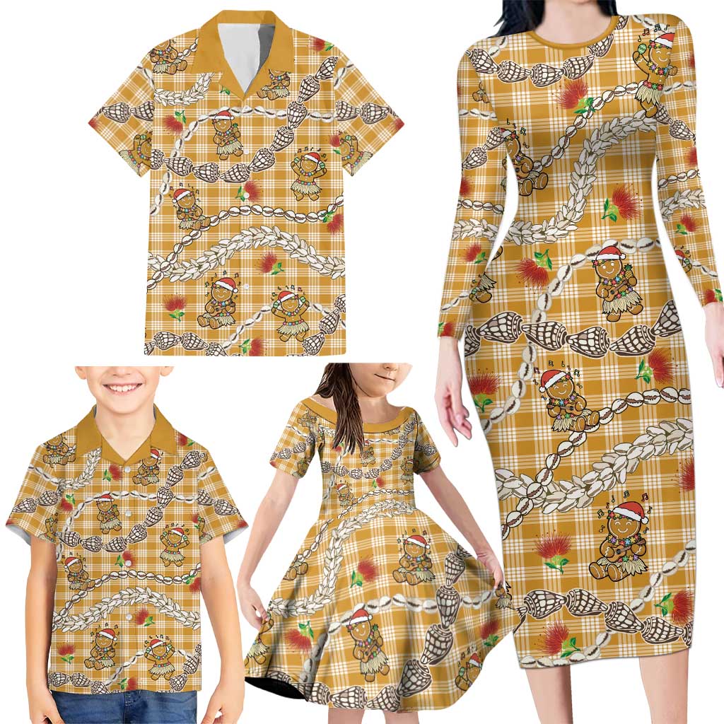 Gold Palaka Hawaii Mele Kalikimaka Family Matching Long Sleeve Bodycon Dress and Hawaiian Shirt Ohia Lehua Shell Leis Funny Gingerbread Santa - Polynesian Pride