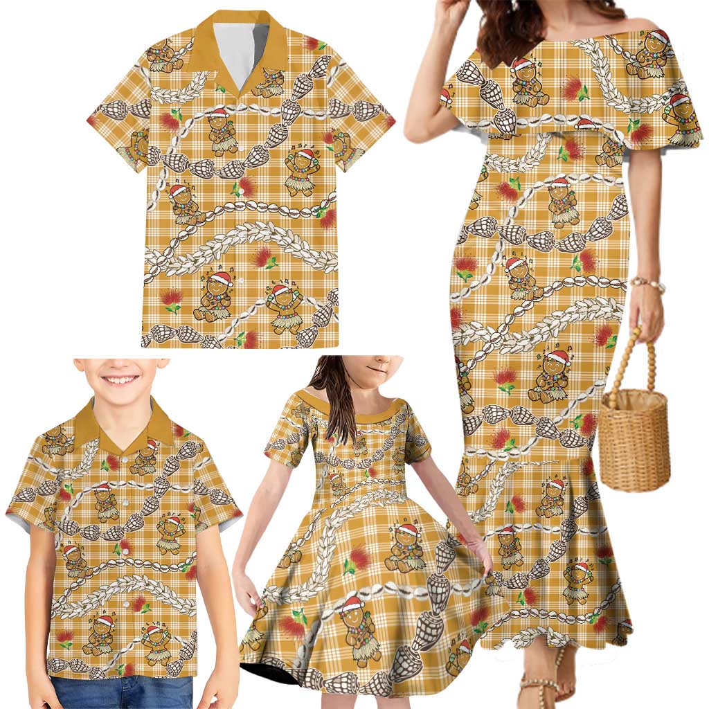 Gold Palaka Hawaii Mele Kalikimaka Family Matching Mermaid Dress and Hawaiian Shirt Ohia Lehua Shell Leis Funny Gingerbread Santa - Polynesian Pride