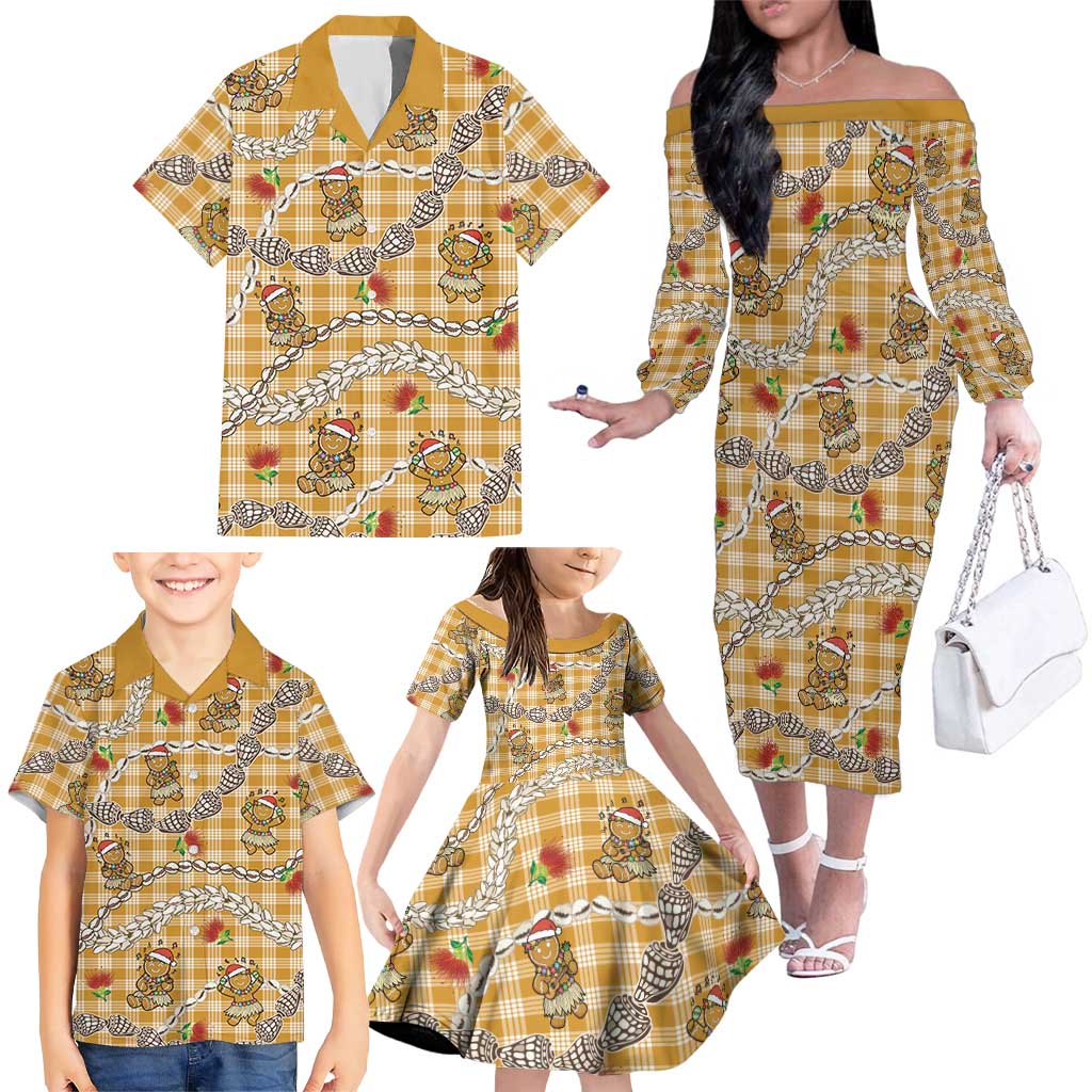Gold Palaka Hawaii Mele Kalikimaka Family Matching Off The Shoulder Long Sleeve Dress and Hawaiian Shirt Ohia Lehua Shell Leis Funny Gingerbread Santa - Polynesian Pride