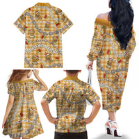 Gold Palaka Hawaii Mele Kalikimaka Family Matching Off The Shoulder Long Sleeve Dress and Hawaiian Shirt Ohia Lehua Shell Leis Funny Gingerbread Santa LT14 - Polynesian Pride