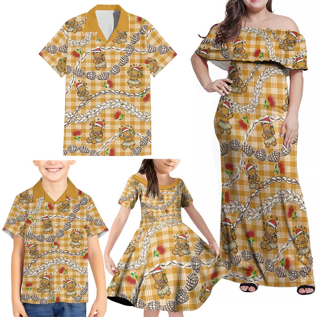 Gold Palaka Hawaii Mele Kalikimaka Family Matching Off Shoulder Maxi Dress and Hawaiian Shirt Ohia Lehua Shell Leis Funny Gingerbread Santa - Polynesian Pride