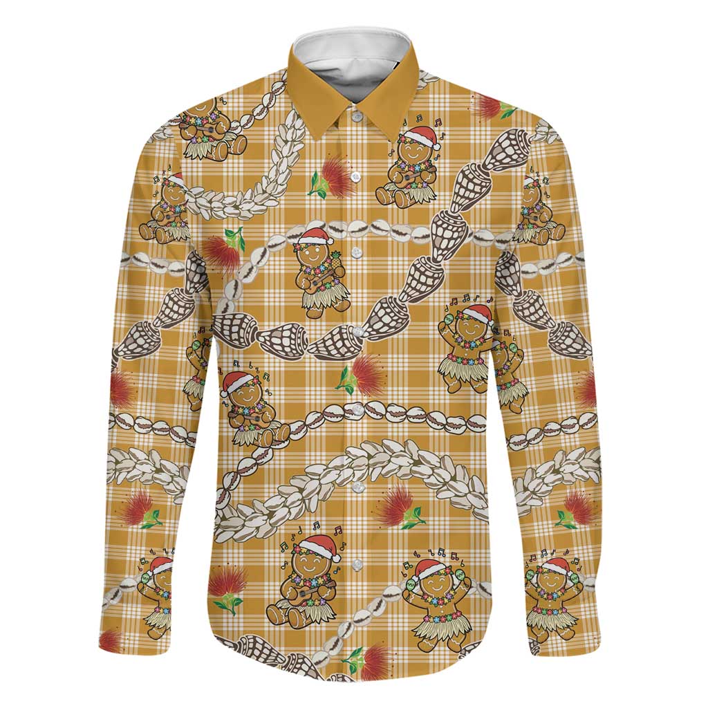 Gold Palaka Hawaii Mele Kalikimaka Family Matching Off Shoulder Maxi Dress and Hawaiian Shirt Ohia Lehua Shell Leis Funny Gingerbread Santa LT14 Dad's Shirt - Long Sleeve Gold - Polynesian Pride