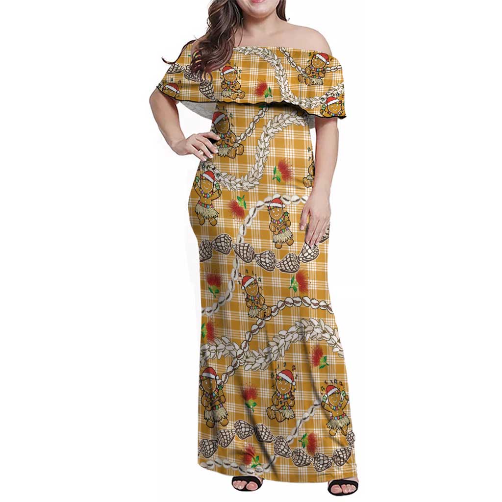 Gold Palaka Hawaii Mele Kalikimaka Family Matching Off Shoulder Maxi Dress and Hawaiian Shirt Ohia Lehua Shell Leis Funny Gingerbread Santa LT14 Gold - Polynesian Pride