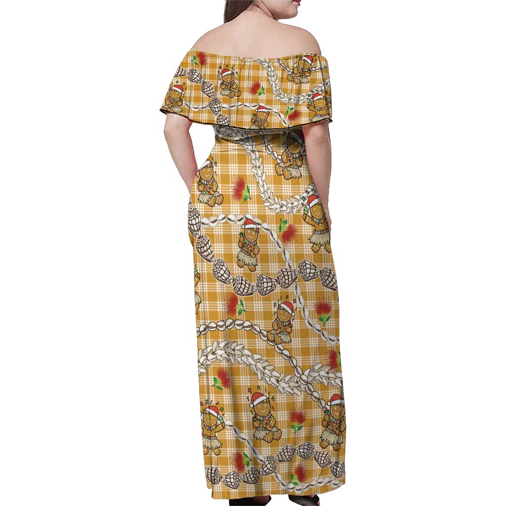 Gold Palaka Hawaii Mele Kalikimaka Family Matching Off Shoulder Maxi Dress and Hawaiian Shirt Ohia Lehua Shell Leis Funny Gingerbread Santa LT14 - Polynesian Pride