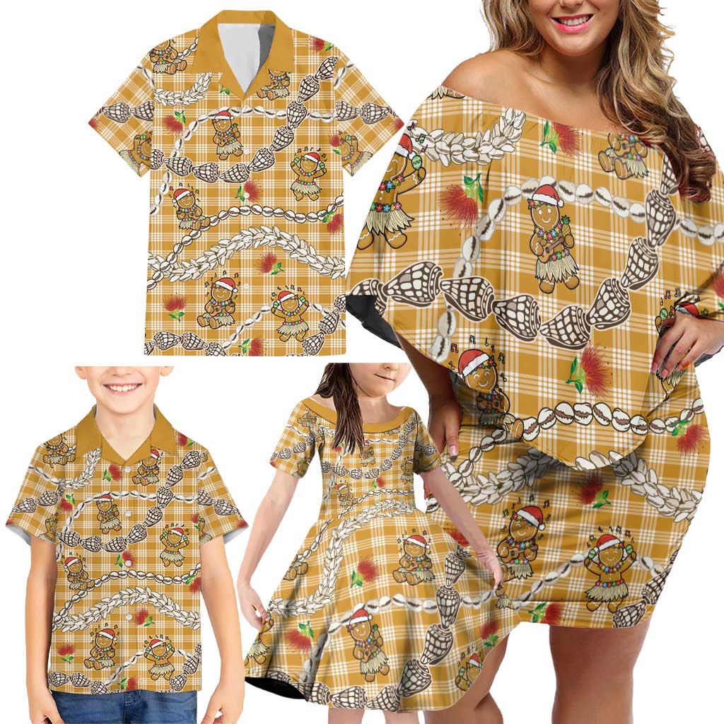 Gold Palaka Hawaii Mele Kalikimaka Family Matching Off Shoulder Short Dress and Hawaiian Shirt Ohia Lehua Shell Leis Funny Gingerbread Santa - Polynesian Pride