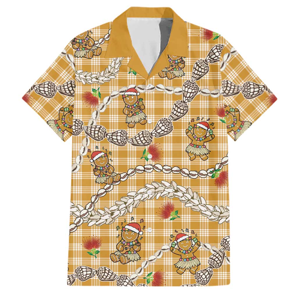 Gold Palaka Hawaii Mele Kalikimaka Family Matching Off Shoulder Short Dress and Hawaiian Shirt Ohia Lehua Shell Leis Funny Gingerbread Santa LT14 Dad's Shirt - Short Sleeve Gold - Polynesian Pride
