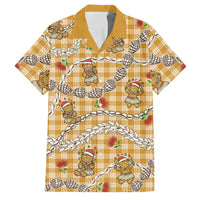 Gold Palaka Hawaii Mele Kalikimaka Family Matching Off Shoulder Short Dress and Hawaiian Shirt Ohia Lehua Shell Leis Funny Gingerbread Santa LT14 Dad's Shirt - Short Sleeve Gold - Polynesian Pride